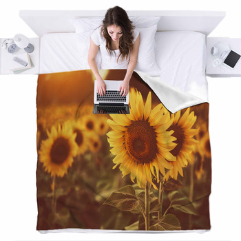 Sunflower In The Fields With Fleece Bed Blanket