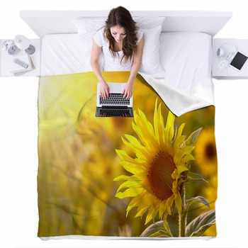 Sunflower On A Meadow In The Light Fleece Bed Blanket