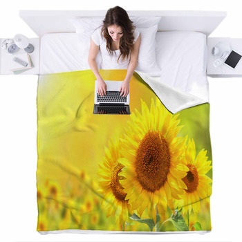 Sunflowers On Blurred Sunny Fleece Bed Blanket