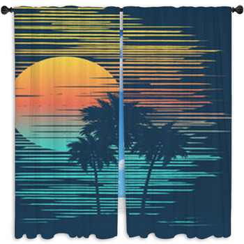 Sunset On Tropical Beach With Palm Tree Window Curtain