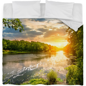 Sunset Over The River In The Forest Fleece Bed Blanket