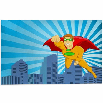 Superhero Flying Over City Area Rug