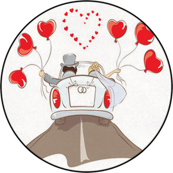 The Bride And Groom Riding In A Car Round Rug