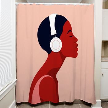The Girl Listens To Music On Headphones Shower Curtain
