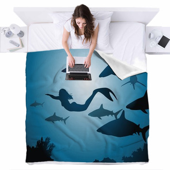 The Mermaid And Sharks Fleece Bed Blanket