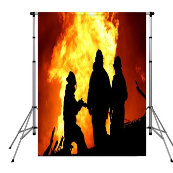 Three Fire Fighters And Huge Flames Pole Pocket Backdrop