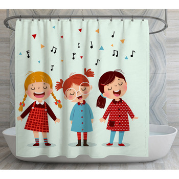 Three Little Girl Singing A Song On Blue Shower Curtain