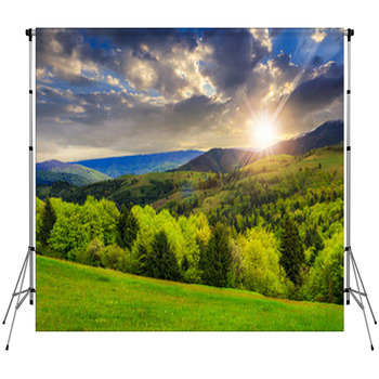Trees Near Valley In Mountains  At Fleece Backdrop