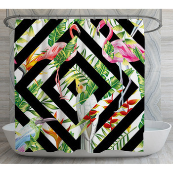 Tropical Birds Leaves Seamless Geometric Shower Curtain