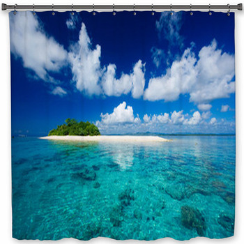 Blue Green Tropical Island Paradise Boat Beach Fabric Shower Curtain Bathroom 