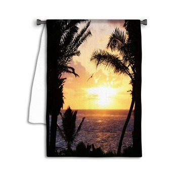 Tropical Palm Tree Sunset With Pelican Flying Towel