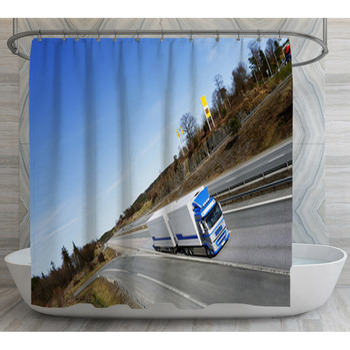 Truck Driving On Scenic Highway, Elevated  Shower Curtain