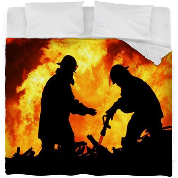 Two Fire Fighters And Huge Flames Fleece Bed Blanket