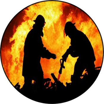 Two Fire Fighters And Huge Flames Round Rug