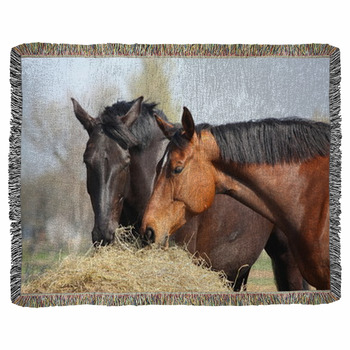 Two Horses Eating Hay Woven Throw Blanket