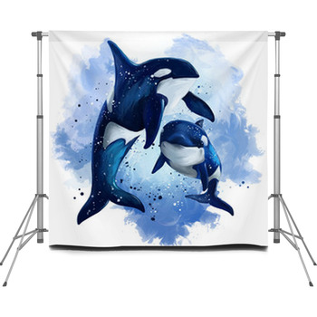 Two Killer Whales In The Ocean Custom Size Backdrop