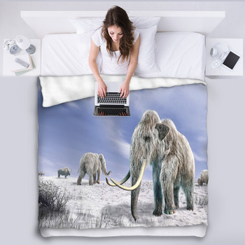 Two Mammoth In A Field Covered Of Snow Fleece Blanket