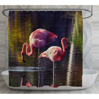 Two Pink Flamingos Standing In The Water Shower Curtain