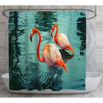 Two Pink Flamingos Walking In The Water Shower Curtain