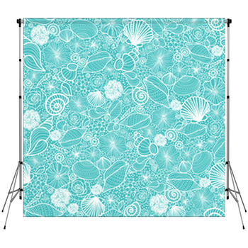 Vector Blue Seashells Line Art Seamless  Fleece Backdrop