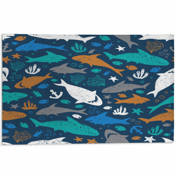 Vector Dark Blue Colourful Cute Shark Pen Area Rug