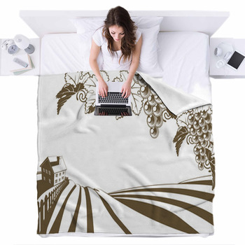 Vineyard Grapevine Farm Illustration Fleece Bed Blanket