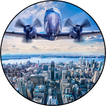Vintage Airplane In The Sky Over Manhattan Round Rug