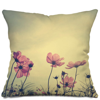 Vintage Cosmos Flowers In Sunset Time Throw Pillow