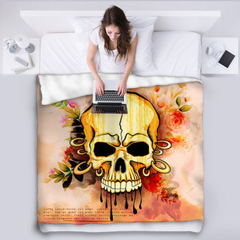 Vintge Style Grungy Skull Print Fleece Bed Blanket