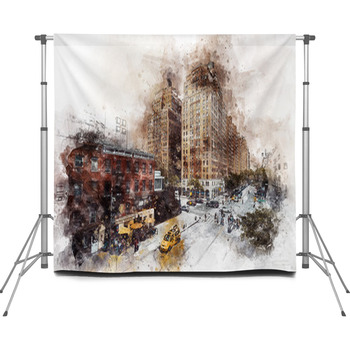 Watercolor Apartments Building In Custom Size Backdrop