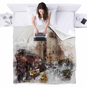 Watercolor Apartments Building In Fleece Bed Blanket