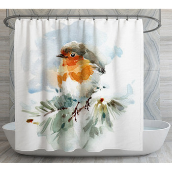 Watercolor Bird Robin On The Snowy Branch  Shower Curtain
