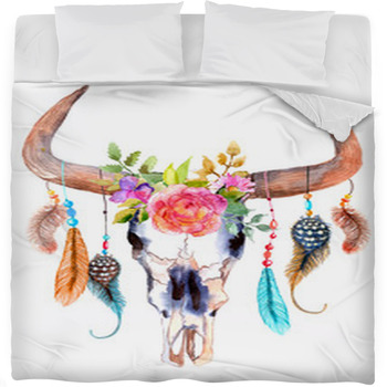 Watercolor Bull Skull With Flowers Fleece Bed Blanket