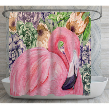 Watercolor Flamingo With Succulents And Shower Curtain