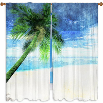 Watercolor Palm Tree On Beach Custom Size Window Curtain