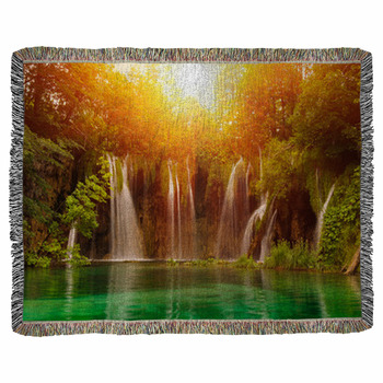Waterfalls In National Park. Woven Throw Blanket