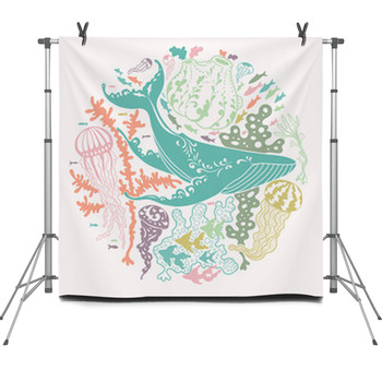 Whale In The Sea Vector Illustration Fleece Backdrop