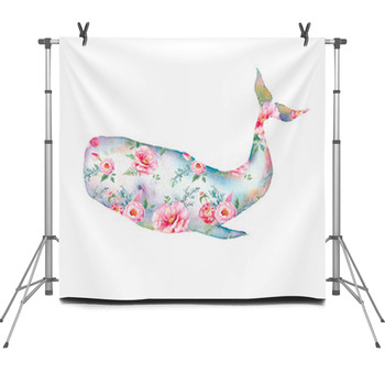 Whale With Flowers Artwork Watercolor Fleece Backdrop