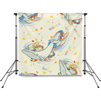 Whales Seamless Pattern Hand Drawn  Pole Pocket Backdrop