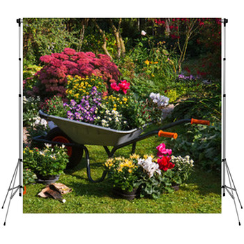 Wheelbarrow And Trays With New Plants Fleece Backdrop