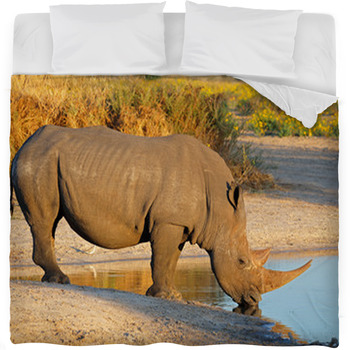 White Rhinoceros Drinking Water Fleece Bed Blanket