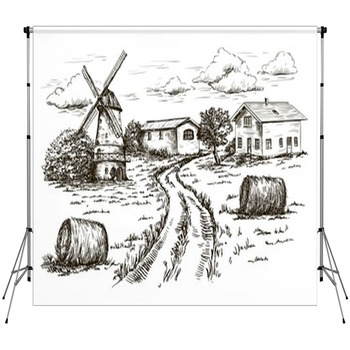 Windmill Village Houses And Farmland Fleece Backdrop