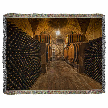 Wine Cellar With Bottles And Oak Woven Throw Blanket