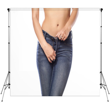 Woman Buttoning Her Jeans On White  Custom Size Backdrop