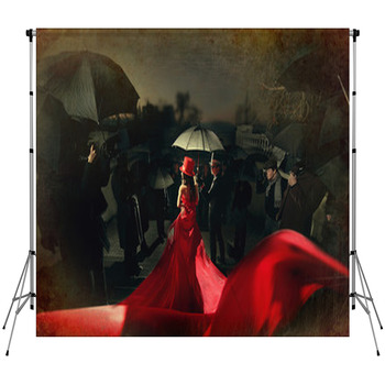 Woman In Red Dress On Carpet. Custom Size Backdrop