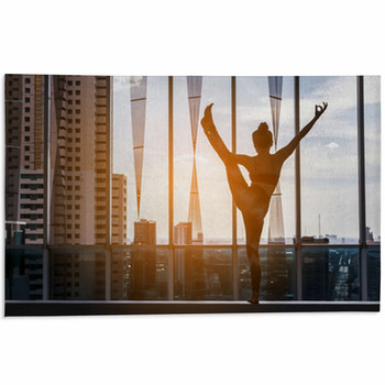 Woman Practicing Yoga On City View Area Rug