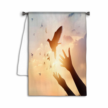 Woman Praying And Free The Birds Flying On Sunset Towel