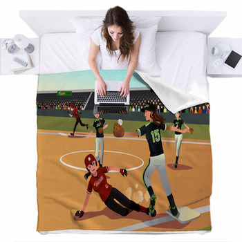 Women Playing Softball Fleece Bed Blanket