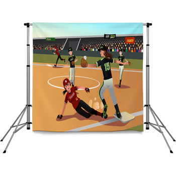 Women Playing Softball Pole Pocket Backdrop