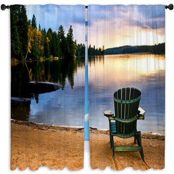 Wooden Chair At Sunset On Beach Window Curtain